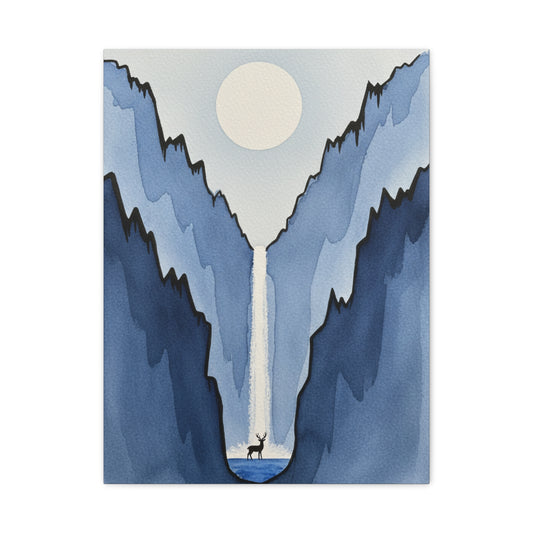 Blue Mountain Waterfall Canvas Print — Minimalist Deer Landscape Wall Art Printify