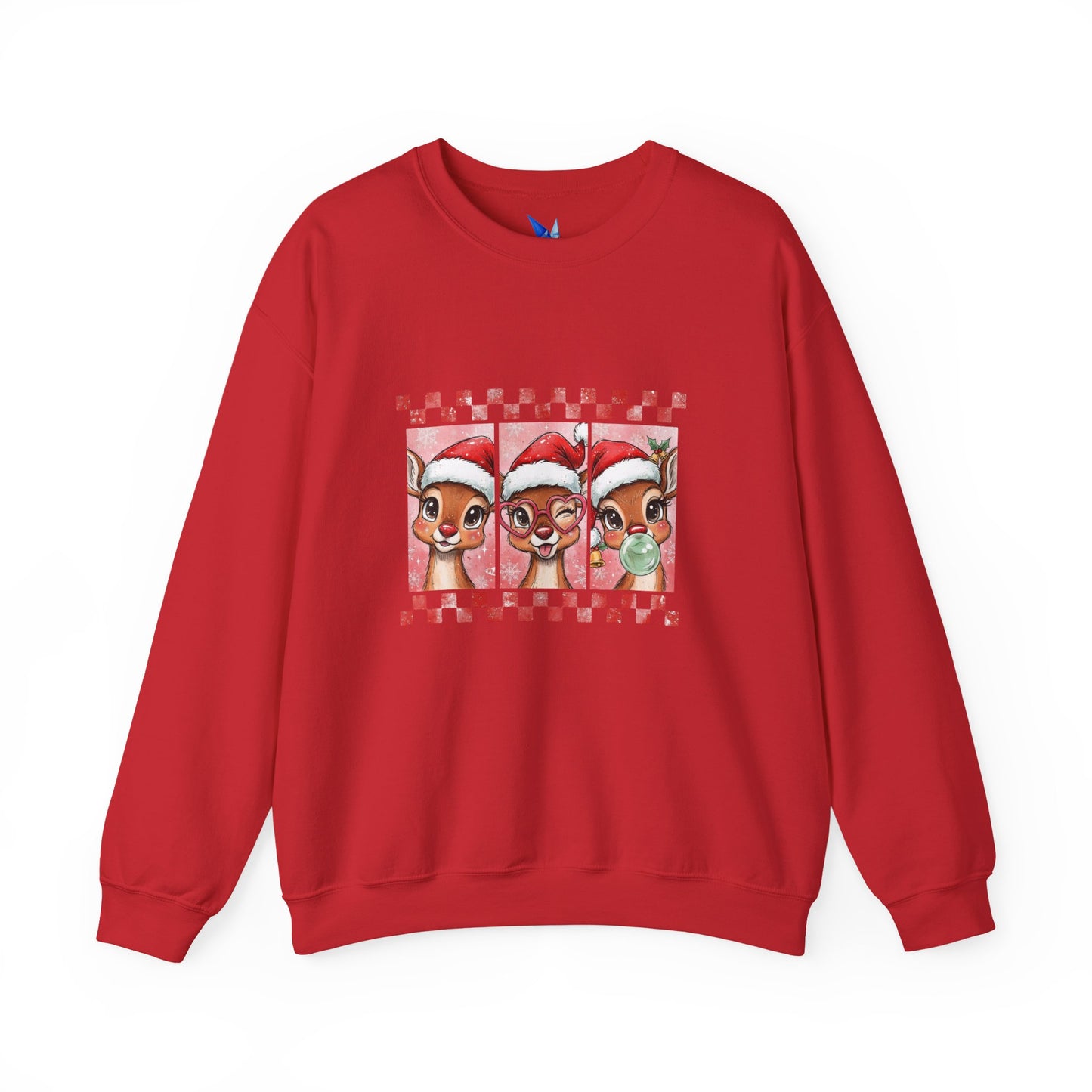 Christmas Reindeer Trio Crewneck Sweatshirt – Cute Santa Hat Holiday Sweater Printify