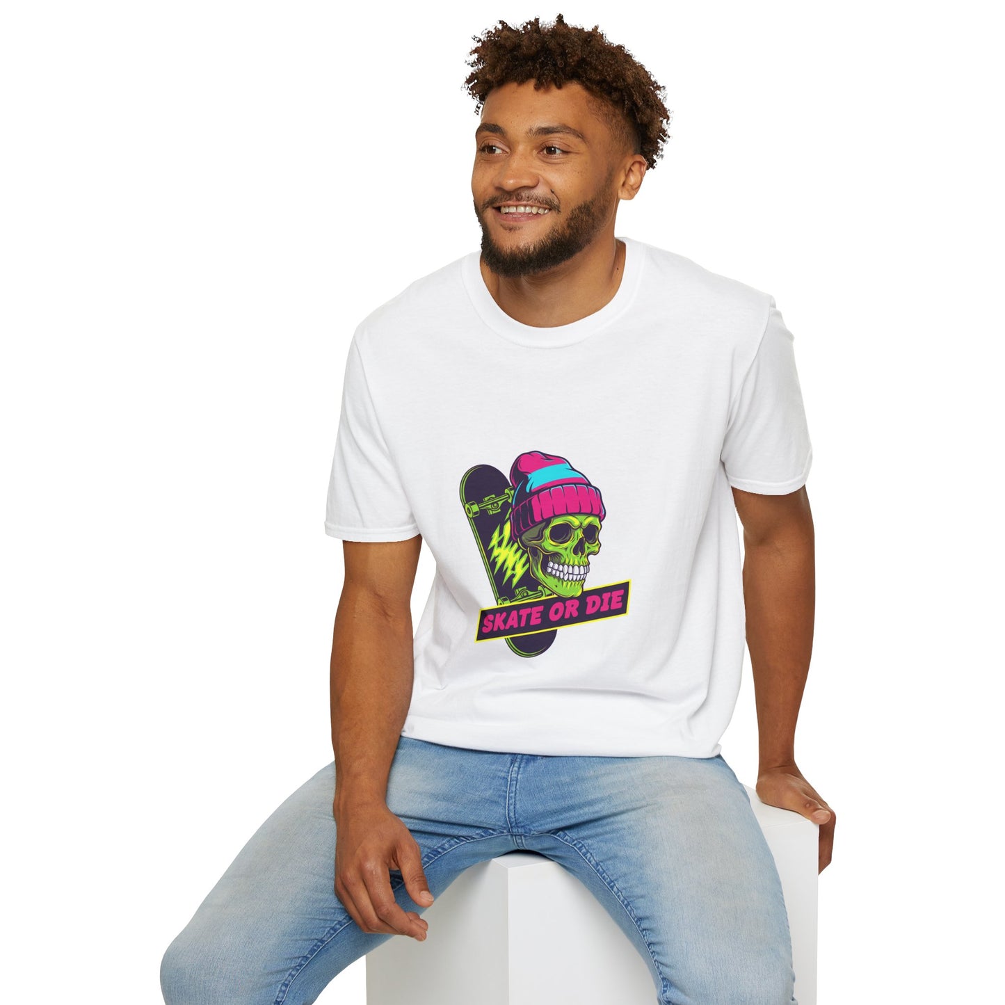Skate or Die Skull T-Shirt — Neon Skateboard Graphic Tee Printify