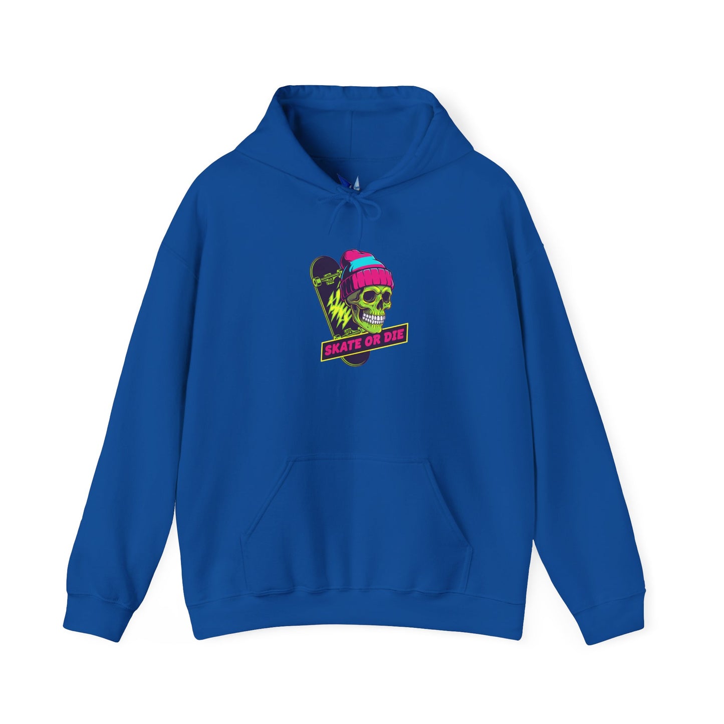 Skate or Die Skull Skateboard Hoodie — Neon Retro Skull Beanie Design Printify