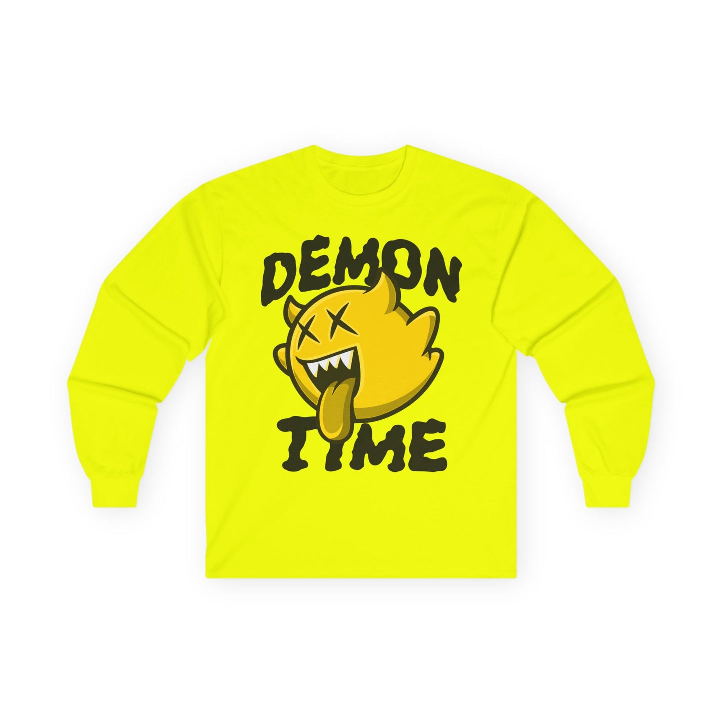 Long Sleeve Tee — "Demon Time" Yellow Cartoon Demon Graphic T-shirt Printify