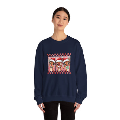 Christmas Reindeer Trio Crewneck Sweatshirt – Cute Santa Hat Holiday Sweater Printify