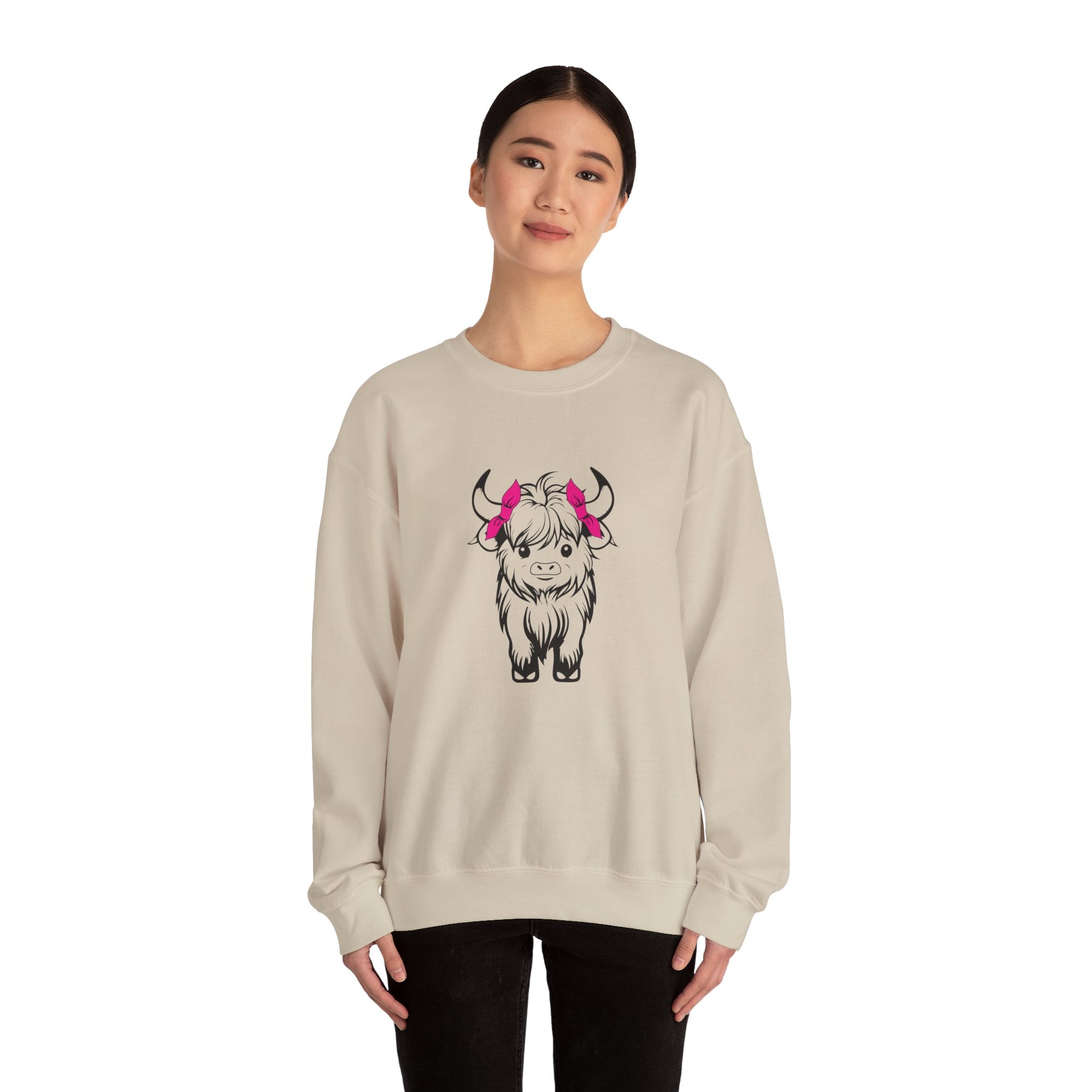 Highland Cow Crewneck Sweatshirt — Cute Yak Illustration with Pink Horns Printify