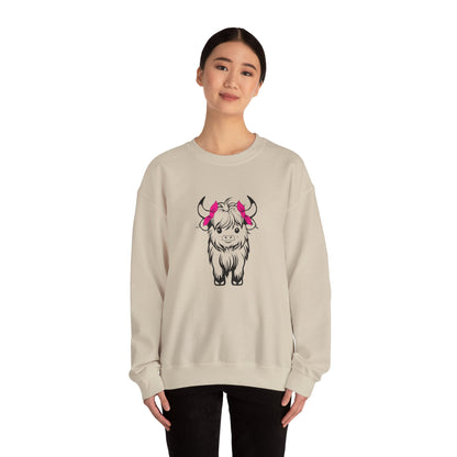 Highland Cow Crewneck Sweatshirt — Cute Yak Illustration with Pink Horns Printify