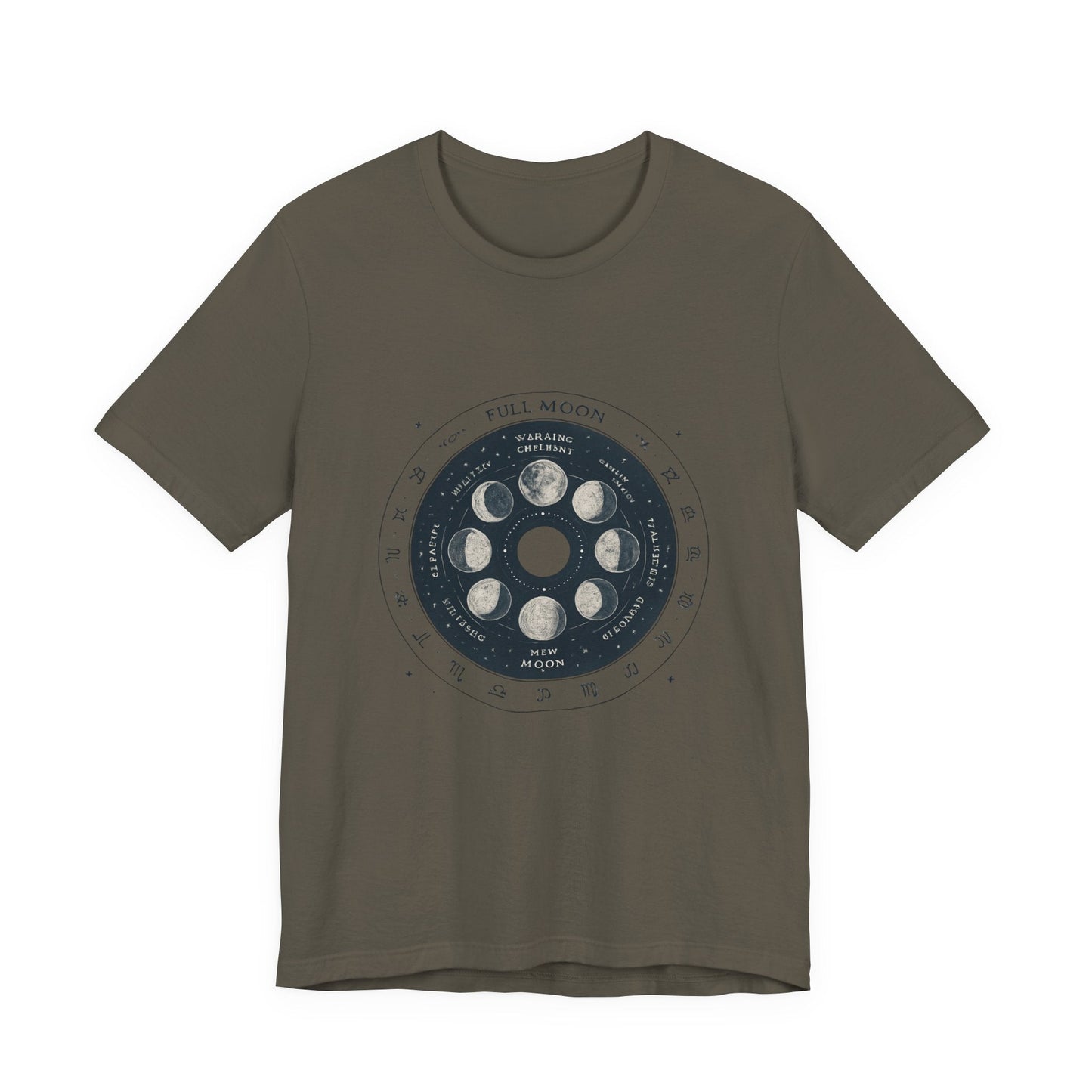 Moon Phases T-Shirt — Illustrated Lunar Cycle Tee (Full Moon, New Moon & Zodiac Icons) Printify