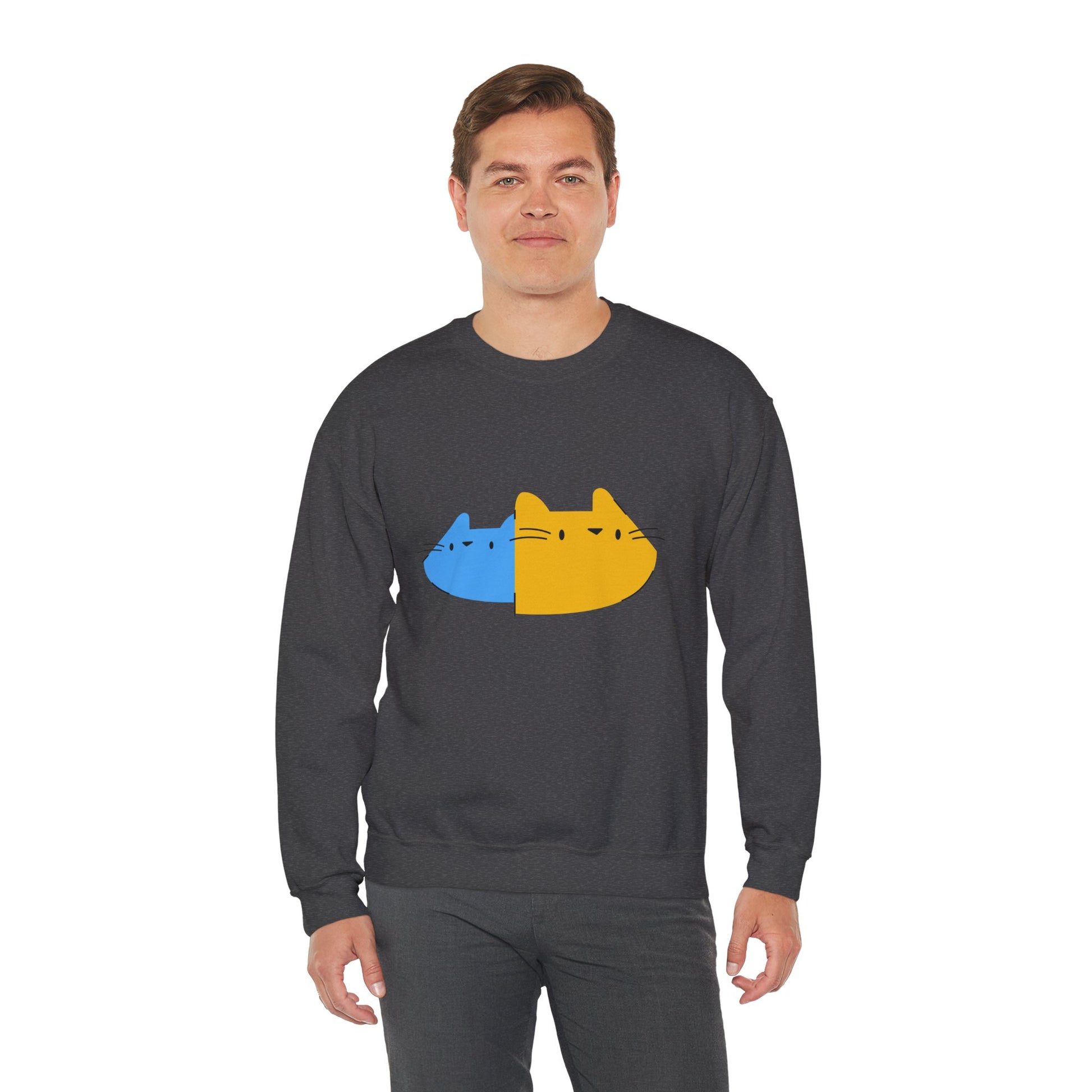 Cat Split Face Crewneck Sweatshirt – Cute Blue & Yellow Cat Graphic Printify