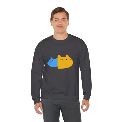 Cat Split Face Crewneck Sweatshirt – Cute Blue & Yellow Cat Graphic Printify