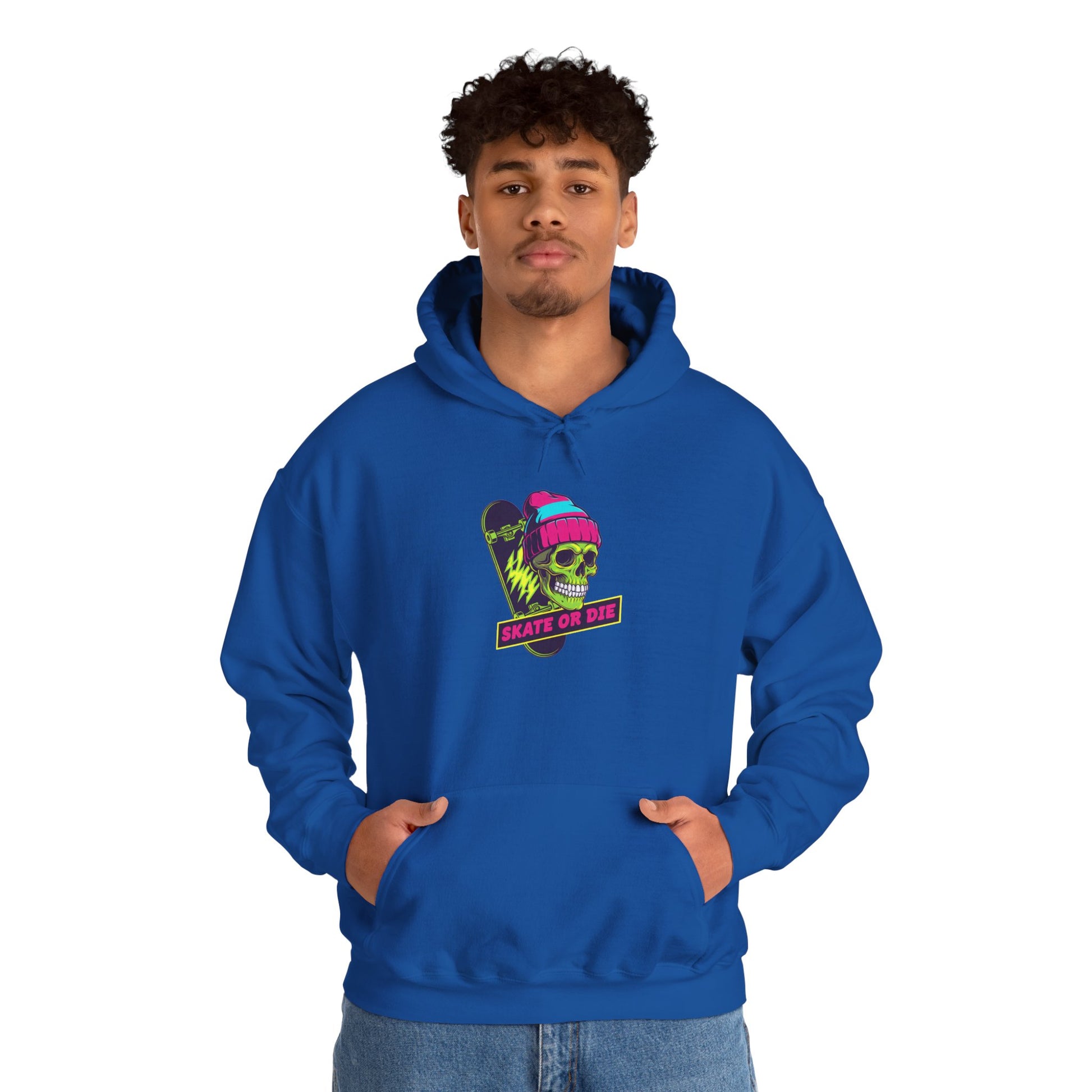 Skate or Die Skull Skateboard Hoodie — Neon Retro Skull Beanie Design Printify