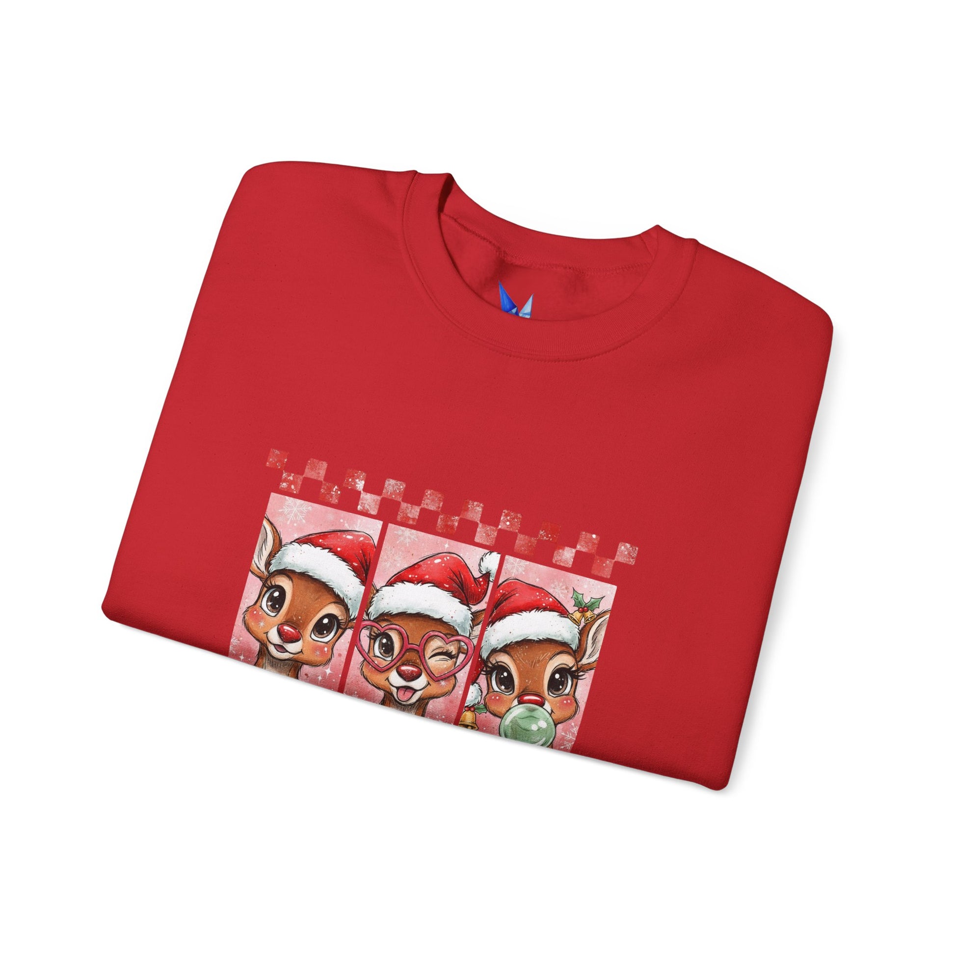 Christmas Reindeer Trio Crewneck Sweatshirt – Cute Santa Hat Holiday Sweater Printify