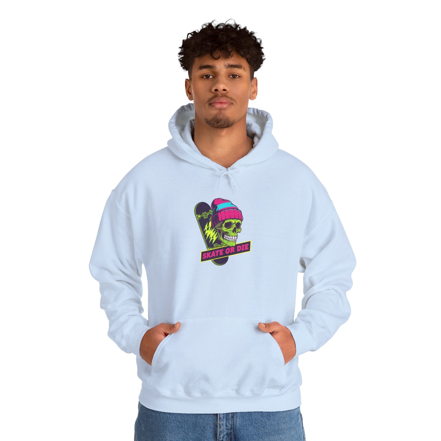 Skate or Die Skull Skateboard Hoodie — Neon Retro Skull Beanie Design Printify