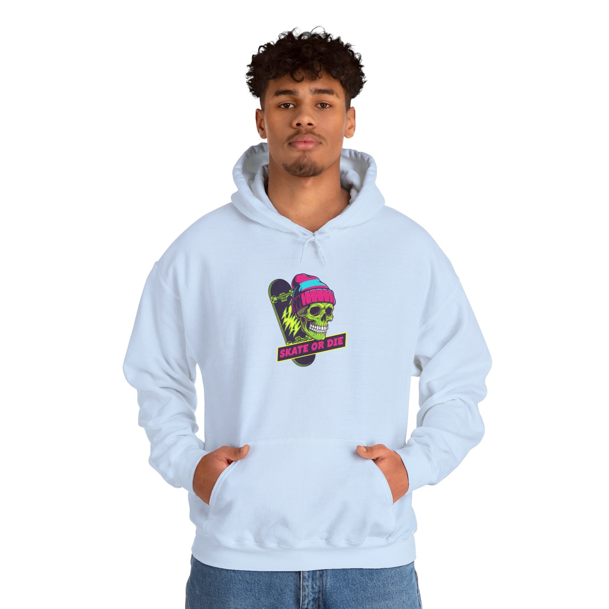 Skate or Die Skull Skateboard Hoodie — Neon Retro Skull Beanie Design Printify
