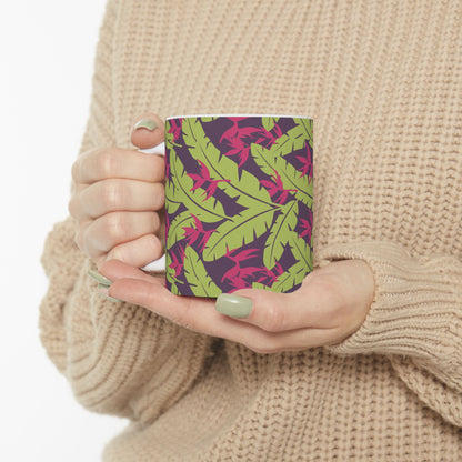 Tropical Leaf Pattern Ceramic Mug — Green & Pink Botanical Coffee Cup (11oz/15oz) Printify