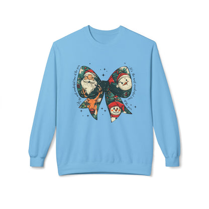Christmas Bow Sweatshirt — Vintage Santa & Snowman Holiday Crewneck Printify