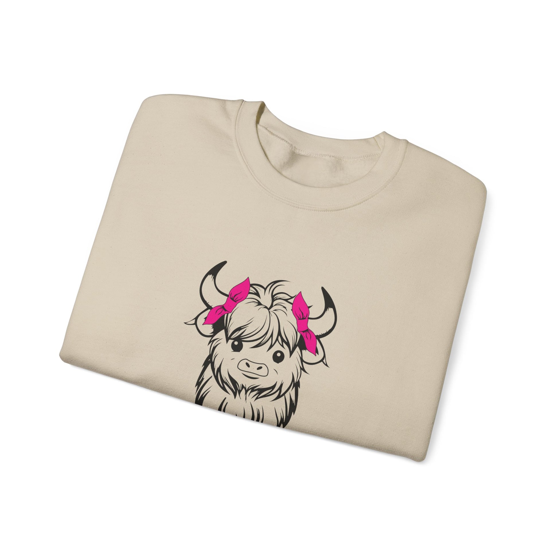 Highland Cow Crewneck Sweatshirt — Cute Yak Illustration with Pink Horns Printify