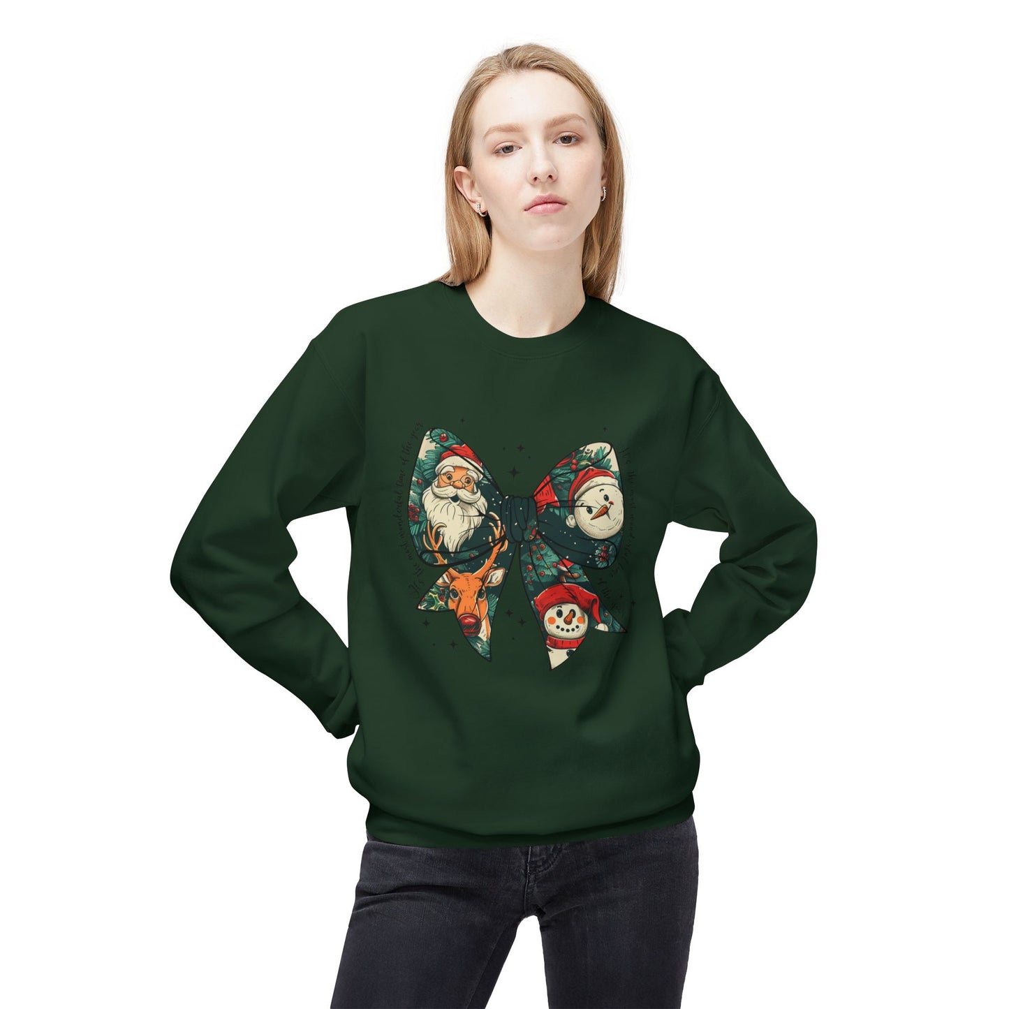 Christmas Bow Sweatshirt — Vintage Santa & Snowman Holiday Crewneck Printify