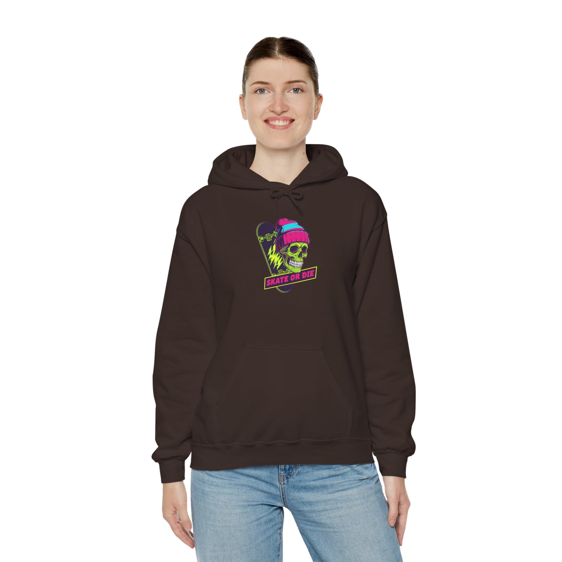 Skate or Die Skull Skateboard Hoodie — Neon Retro Skull Beanie Design Printify