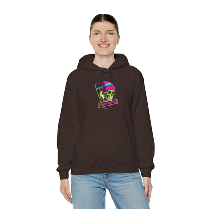 Skate or Die Skull Skateboard Hoodie — Neon Retro Skull Beanie Design Printify
