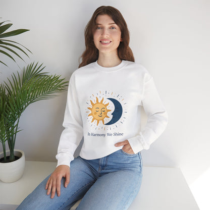 Sun and Moon Crewneck Sweatshirt — "In Harmony We Shine" Cozy Astrology Pullover Printify