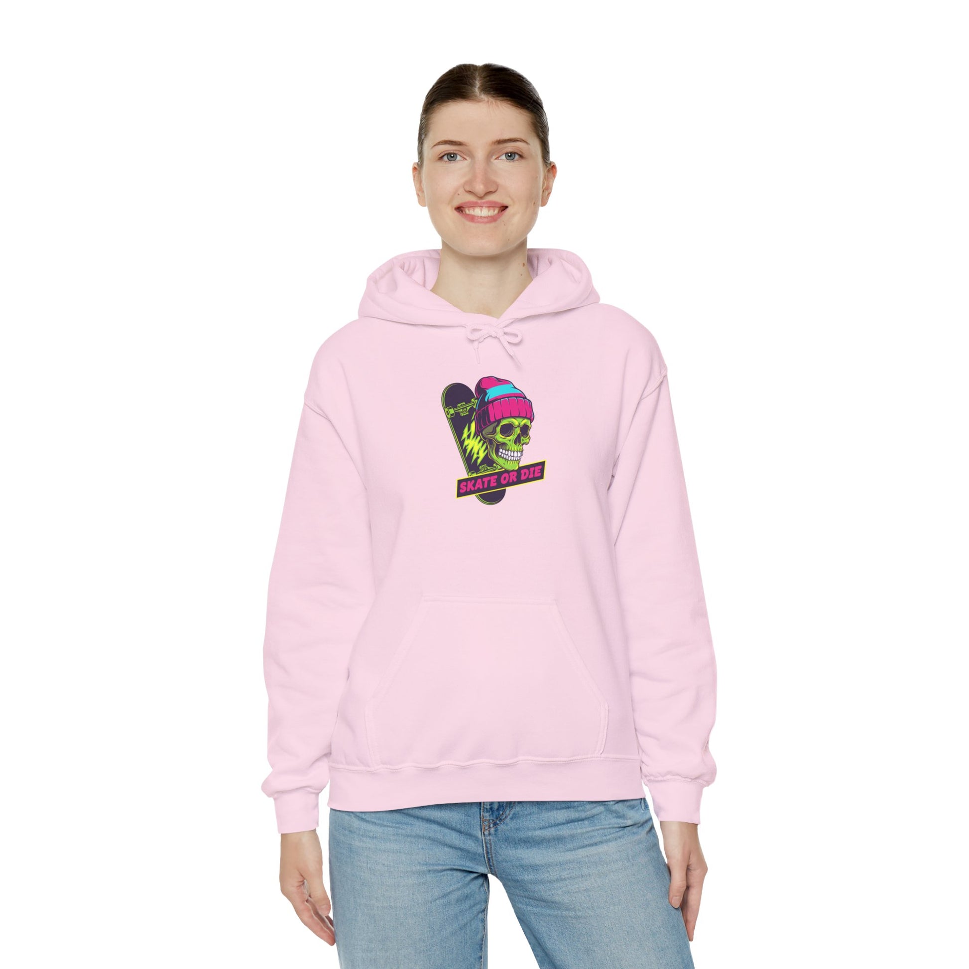 Skate or Die Skull Skateboard Hoodie — Neon Retro Skull Beanie Design Printify