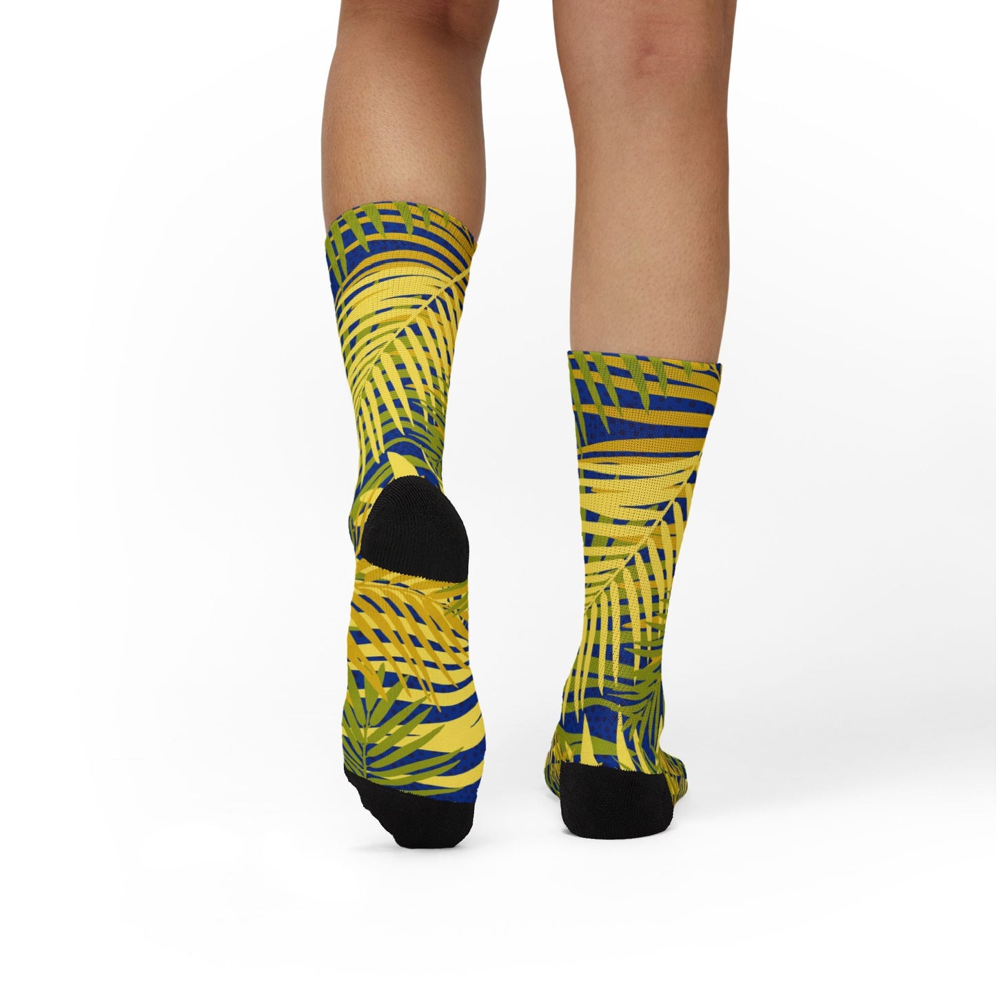 Tropical Palm Pattern Sublimation Socks — Yellow & Navy Leaf Crew Socks Printify