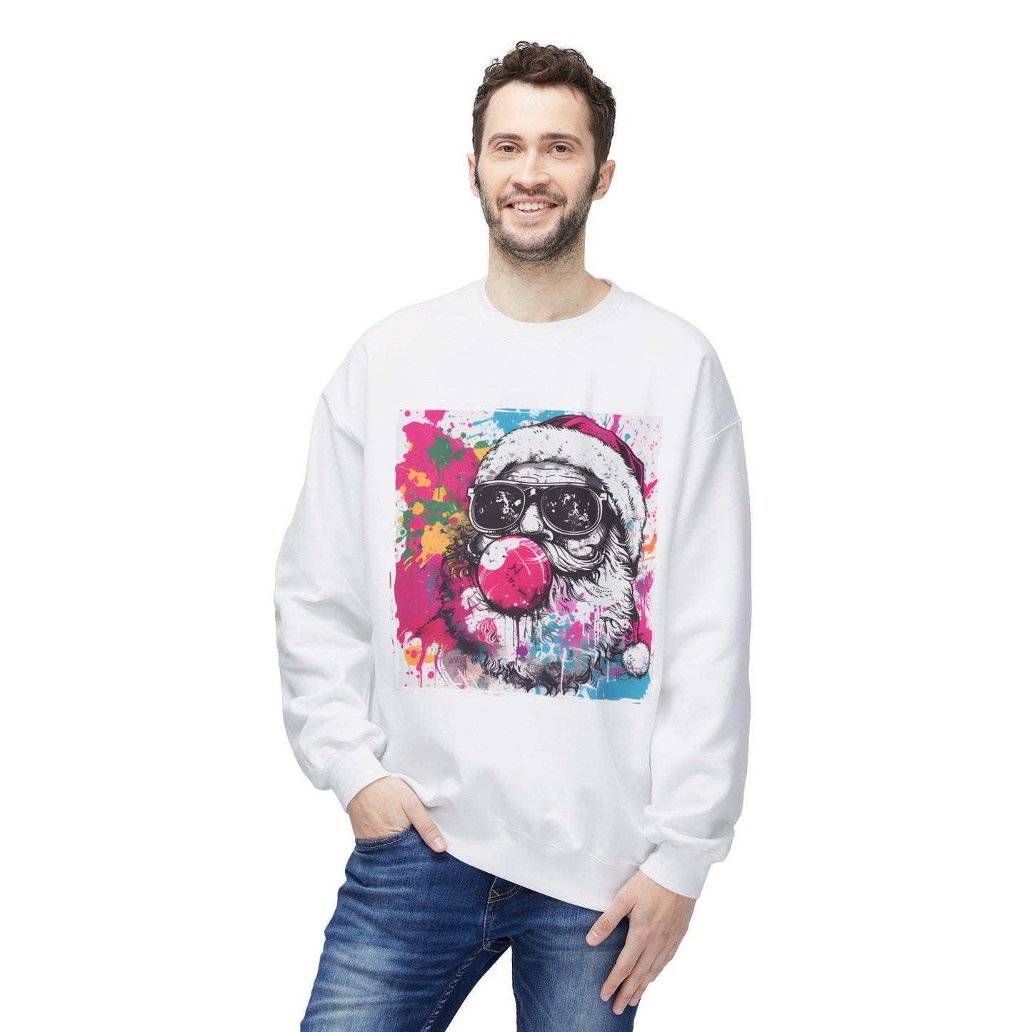 Skull Santa Bubblegum Sweatshirt – Colorful Holiday Graphic Crewneck Printify