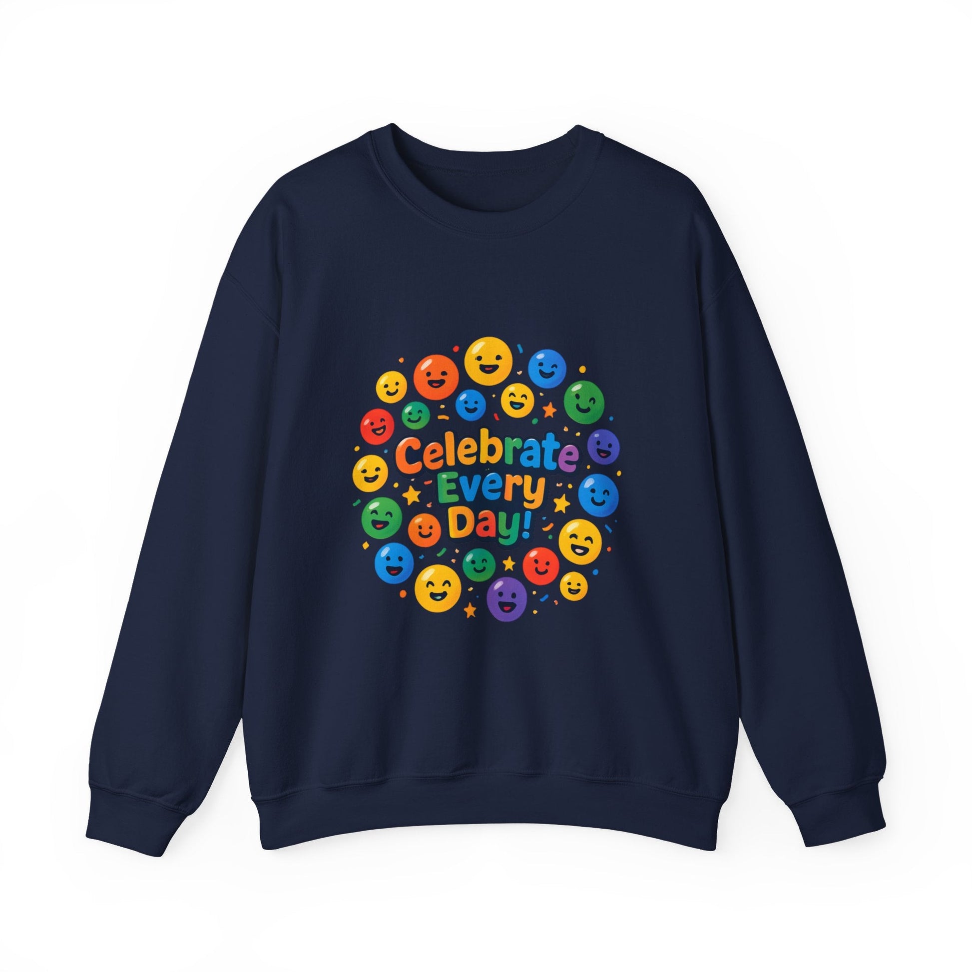 Celebrate Every Day Crewneck Sweatshirt — Rainbow Smiley Graphic Printify