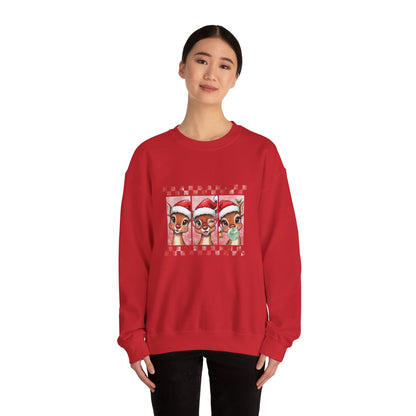 Christmas Reindeer Trio Crewneck Sweatshirt – Cute Santa Hat Holiday Sweater Printify