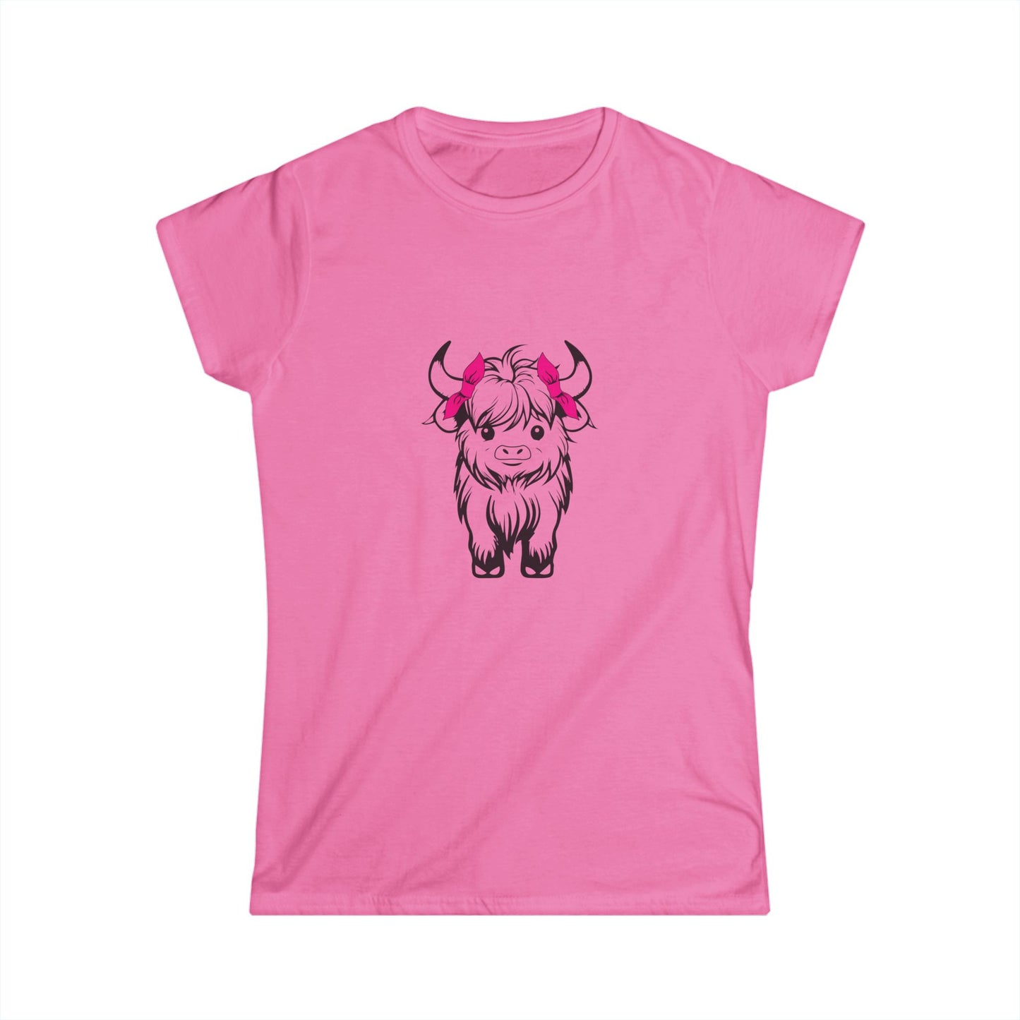 Highland Cow Tee — Cute Yak Illustration Women's T-Shirt with Pink Horn Bows Printify