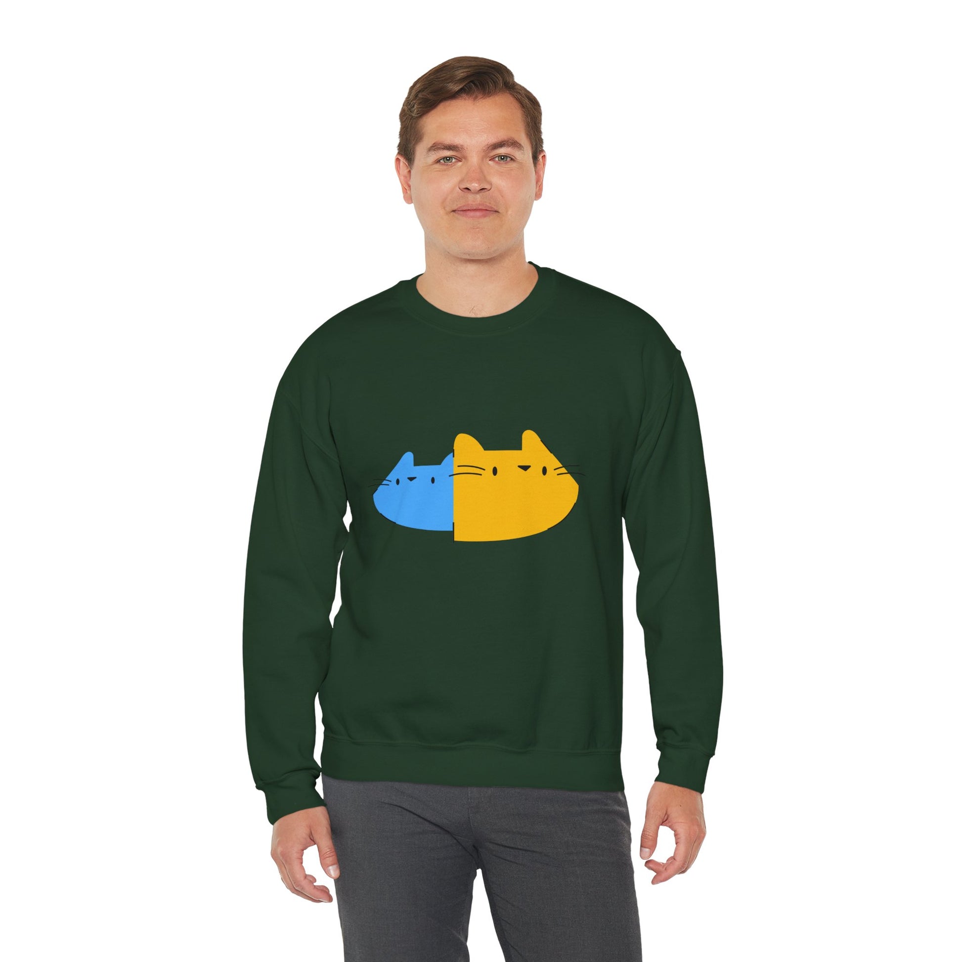 Cat Split Face Crewneck Sweatshirt – Cute Blue & Yellow Cat Graphic Printify