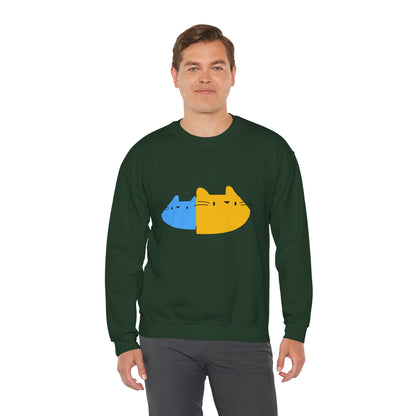 Cat Split Face Crewneck Sweatshirt – Cute Blue & Yellow Cat Graphic Printify