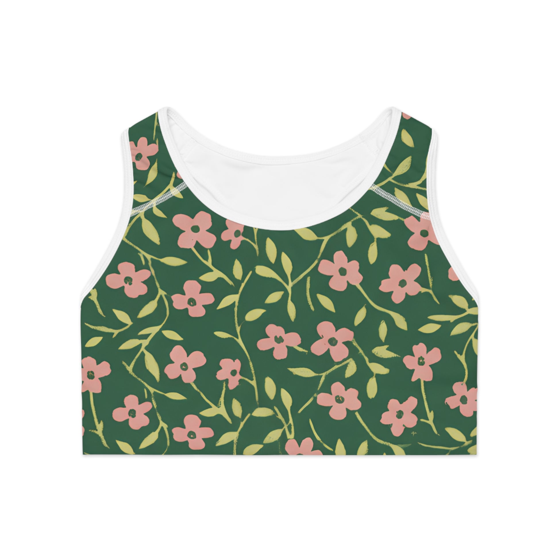 Floral Vine Sports Bra — Green Pink All-Over-Print Printify