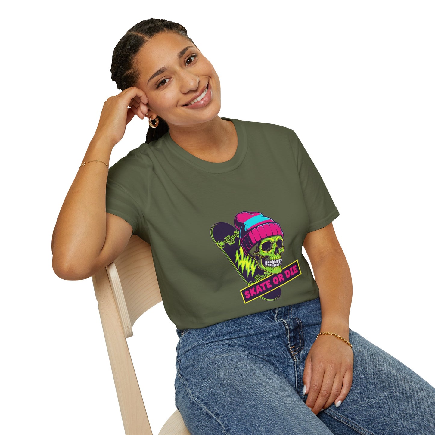 Skate or Die Skull T-Shirt — Neon Skateboard Graphic Tee Printify