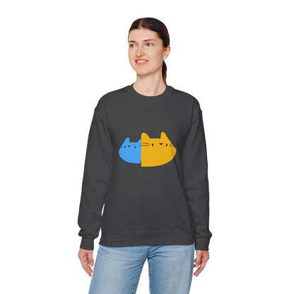 Cat Split Face Crewneck Sweatshirt – Cute Blue & Yellow Cat Graphic Printify
