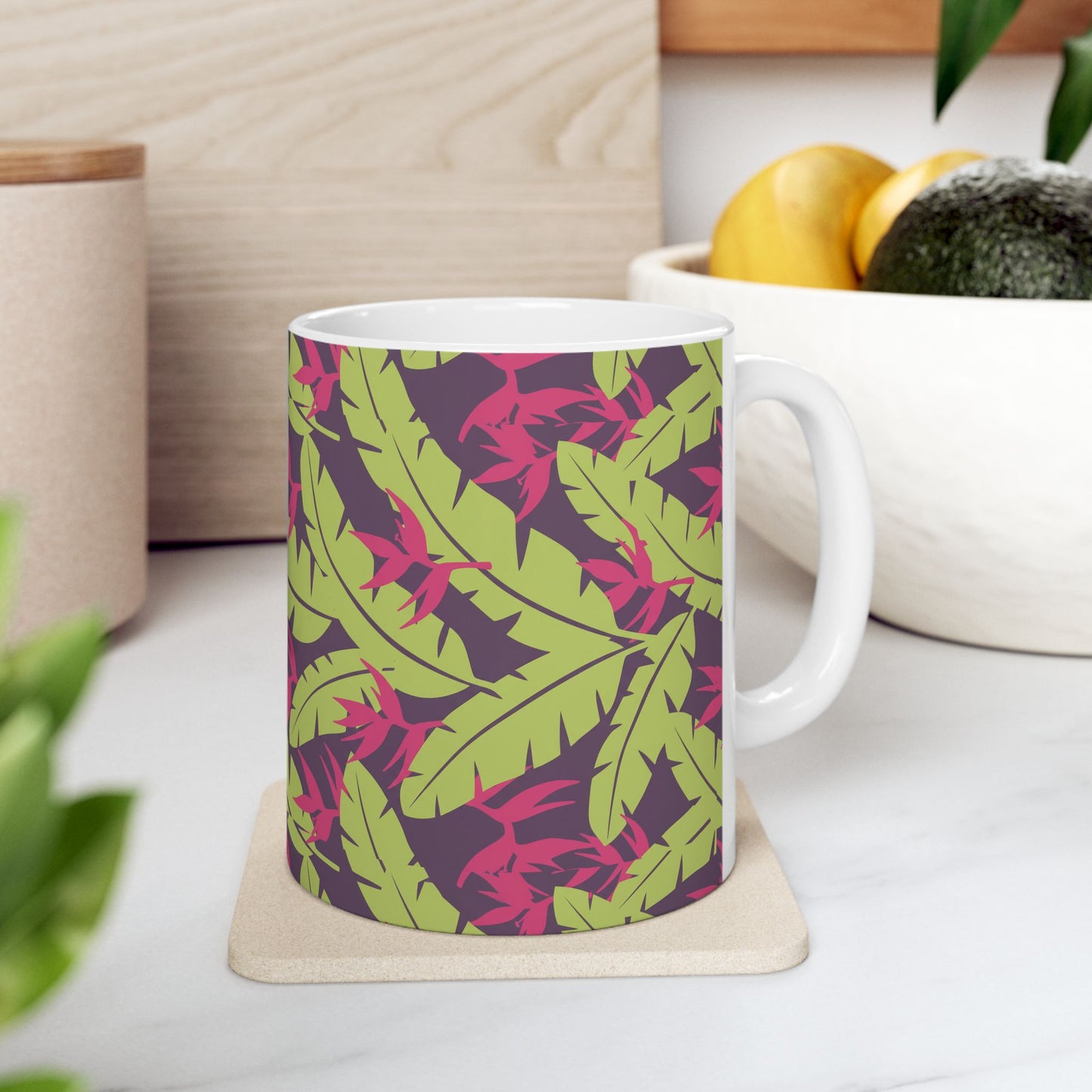Tropical Leaf Pattern Ceramic Mug — Green & Pink Botanical Coffee Cup (11oz/15oz) Printify