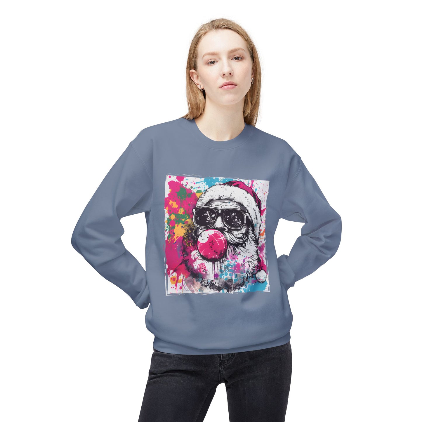 Skull Santa Bubblegum Sweatshirt – Colorful Holiday Graphic Crewneck Printify