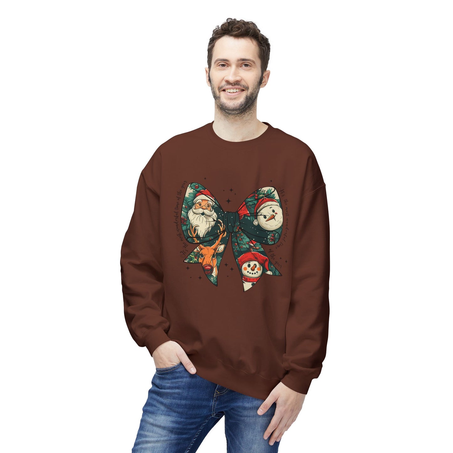 Christmas Bow Sweatshirt — Vintage Santa & Snowman Holiday Crewneck Printify
