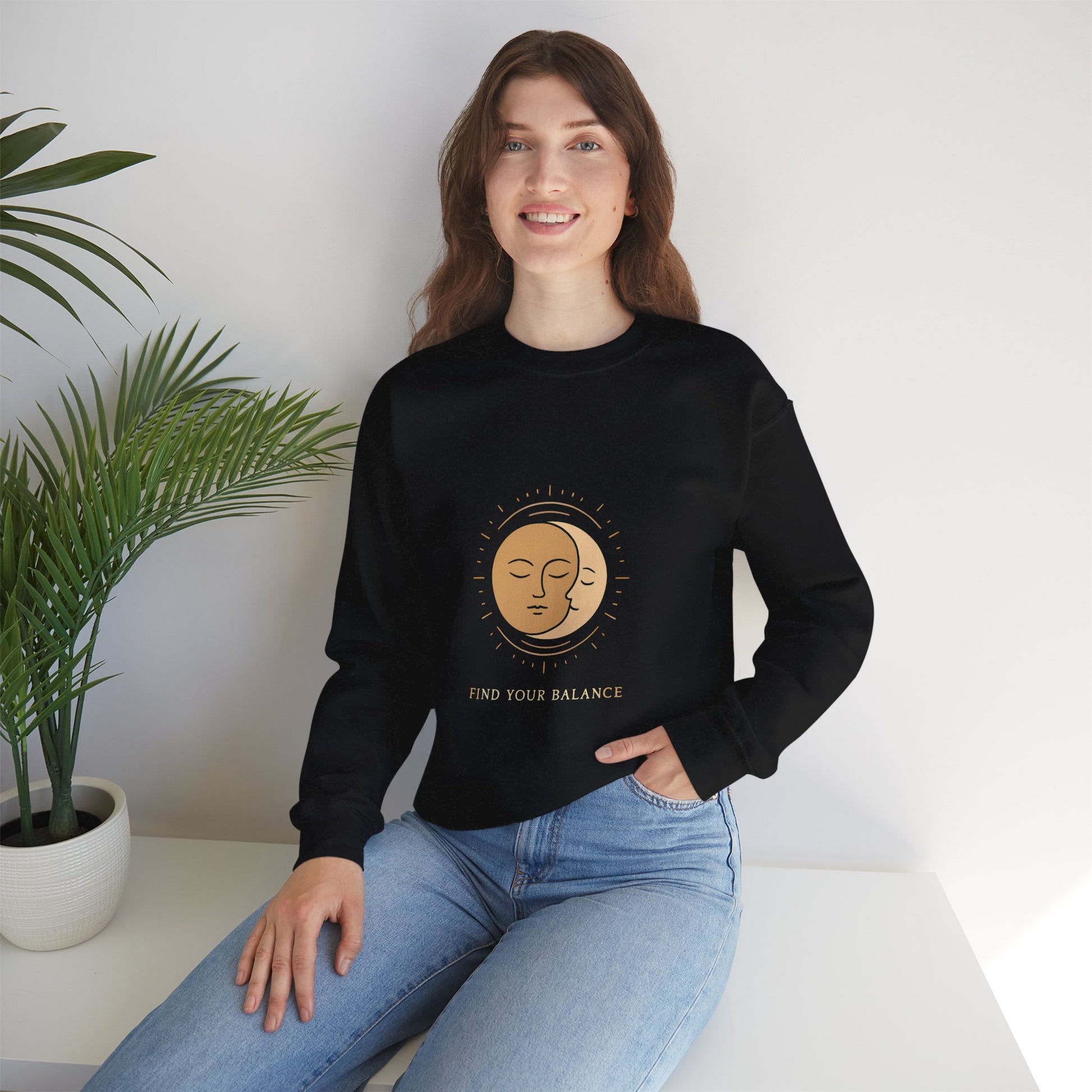Minimalist Sun & Moon Face Crewneck Sweatshirt — Calm Vibes, Spiritual Graphic Printify