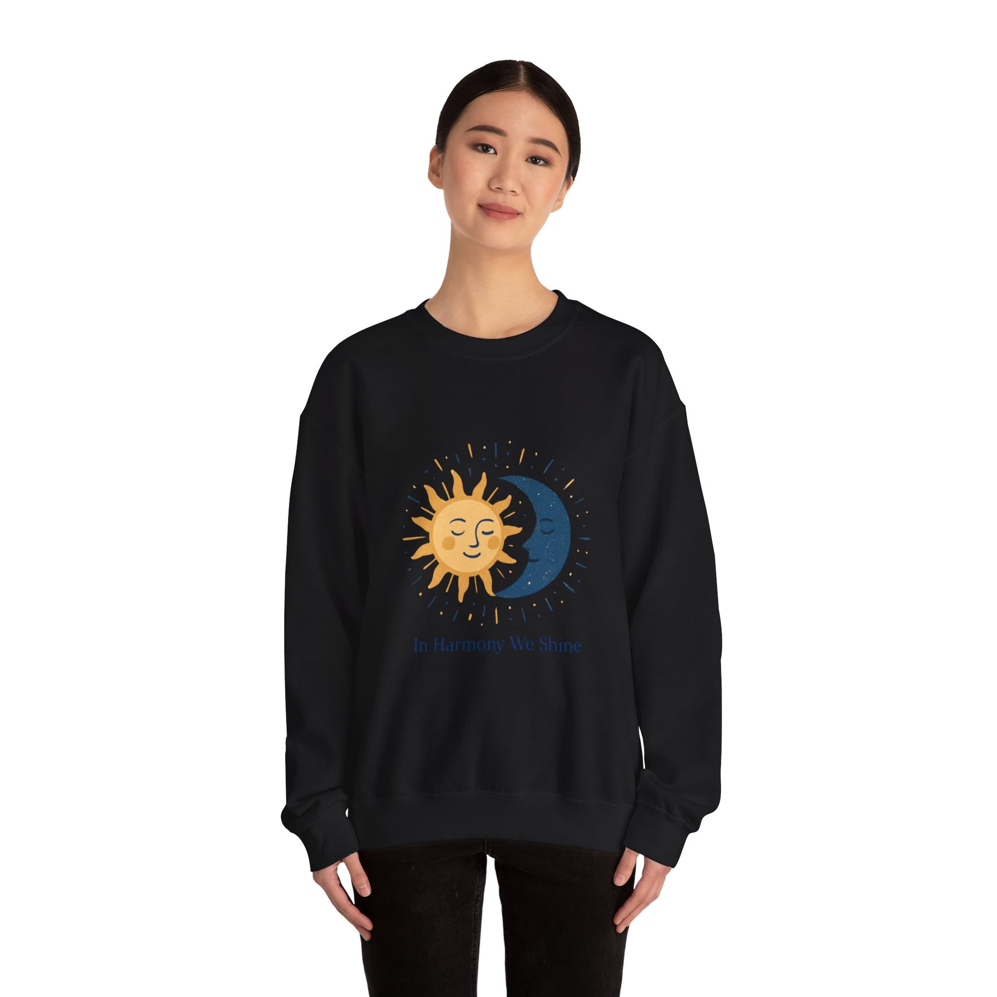 Sun and Moon Crewneck Sweatshirt — "In Harmony We Shine" Cozy Astrology Pullover Printify