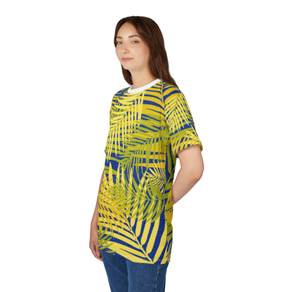 Tropical Palm Leaf All-Over Print Tee — Yellow & Blue Summer T-Shirt