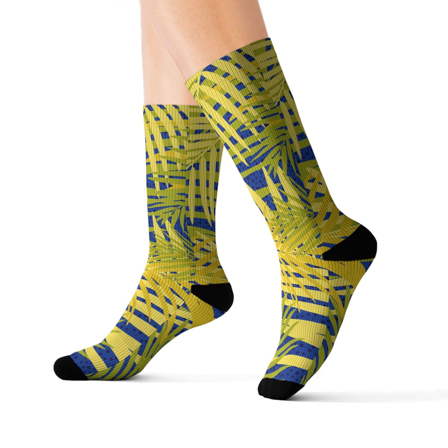 Tropical Palm Pattern Sublimation Socks — Yellow & Navy Leaf Crew Socks Printify