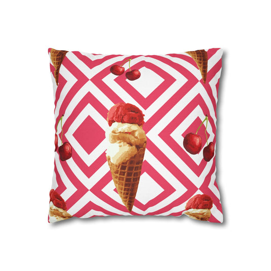 Ice Cream & Cherries Decorative Pillowcase — Pink Geometric Throw Pillow Cover Printify