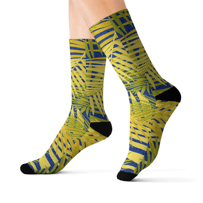 Tropical Palm Pattern Sublimation Socks — Yellow & Navy Leaf Crew Socks Printify