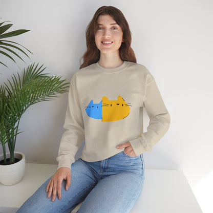 Cat Split Face Crewneck Sweatshirt – Cute Blue & Yellow Cat Graphic Printify