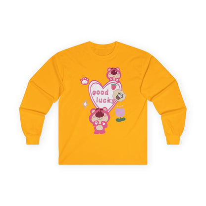 Good Lucky Heart Long Sleeve Tee — Cute Pink Bear Lucky Charm Shirt Printify