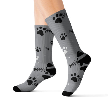 Grey Paw Print Socks — Cat & Dog Fishbone Pattern Sublimation Crew Socks Printify