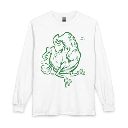 Ghostly Sneeze Long Sleeve T-Shirt — Playful Green Cartoon Spirit Design Printify