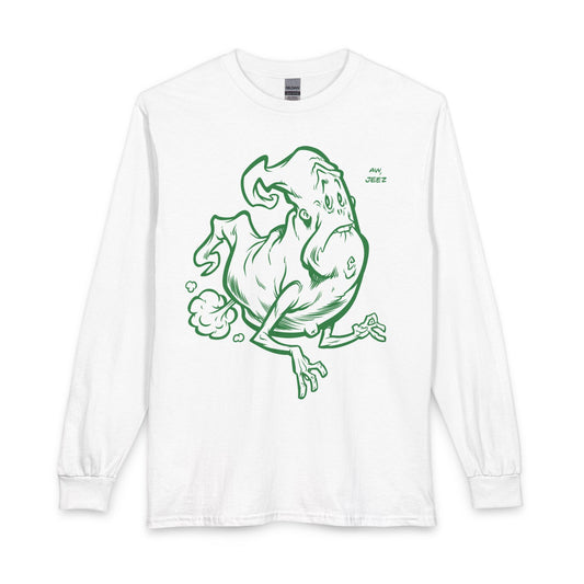 Ghostly Sneeze Long Sleeve T-Shirt — Playful Green Cartoon Spirit Design Printify