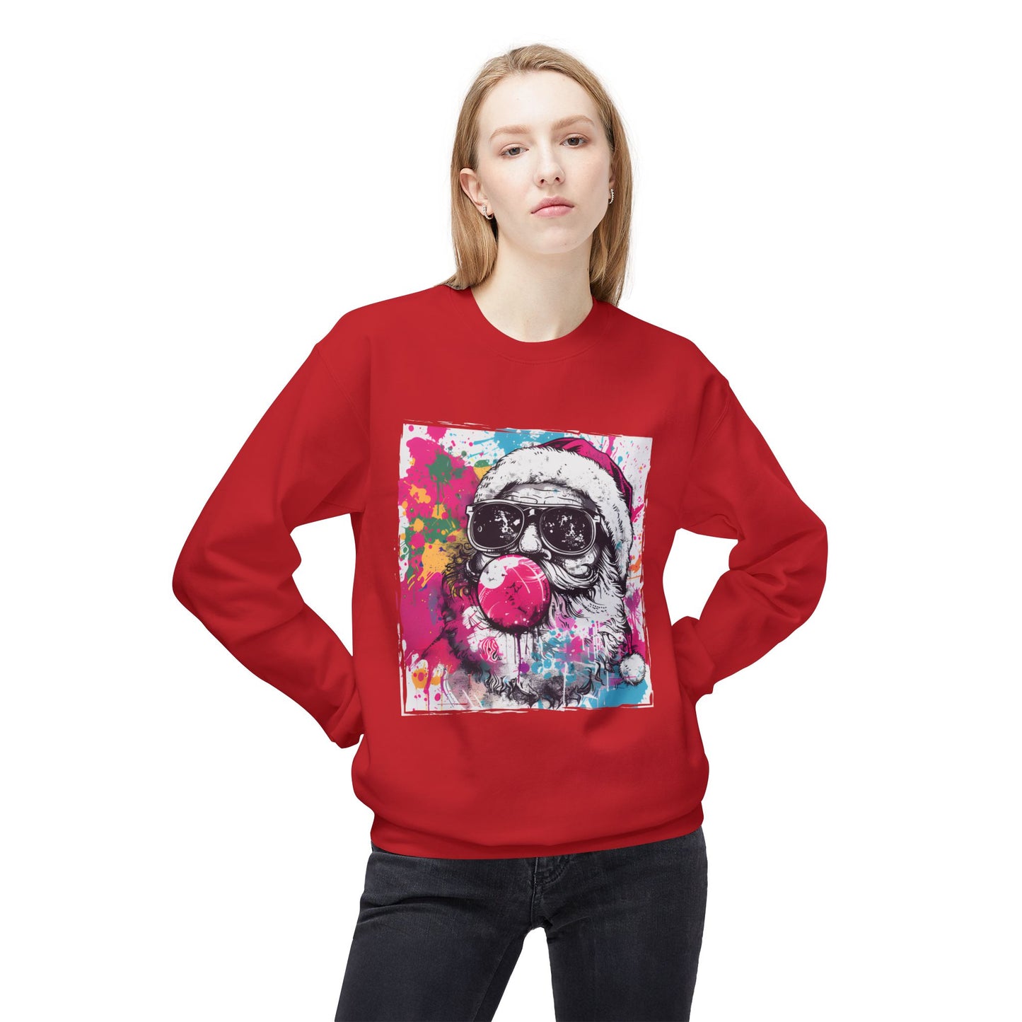 Skull Santa Bubblegum Sweatshirt – Colorful Holiday Graphic Crewneck Printify