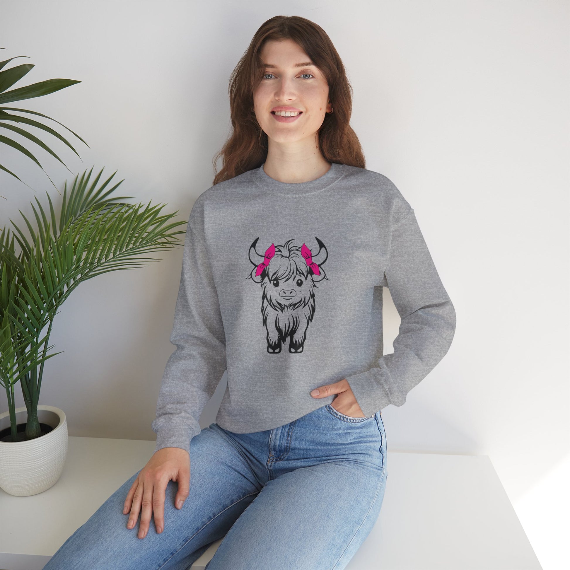 Highland Cow Crewneck Sweatshirt — Cute Yak Illustration with Pink Horns Printify