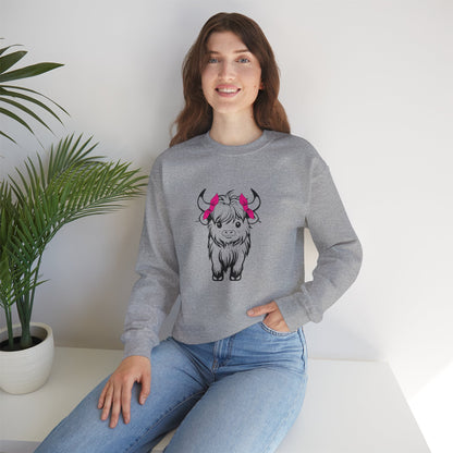 Highland Cow Crewneck Sweatshirt — Cute Yak Illustration with Pink Horns Printify